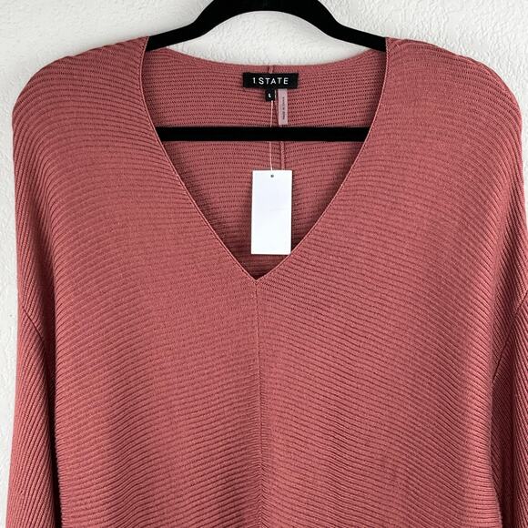 1.State V-Neck Ribbed Balloon Sleeve Terracotta Brown Oversize Sweater Large NWT - Picture 5 of 12